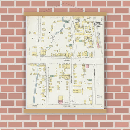 Old map wall art mockup — magnetic wood frame on brick wall — Sanborn Fire Insurance Map from Englewood, Bergen County, New Jersey (1896), Sheet #0002