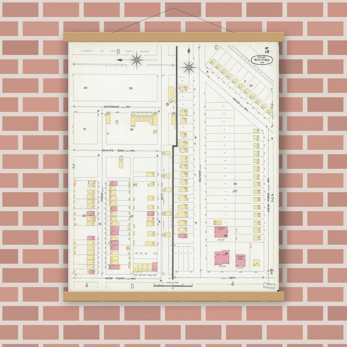 Old map wall art mockup — magnetic wood frame on brick wall — Sanborn Fire Insurance Map from Whiting, Lake County, Indiana (1901), Sheet #0005