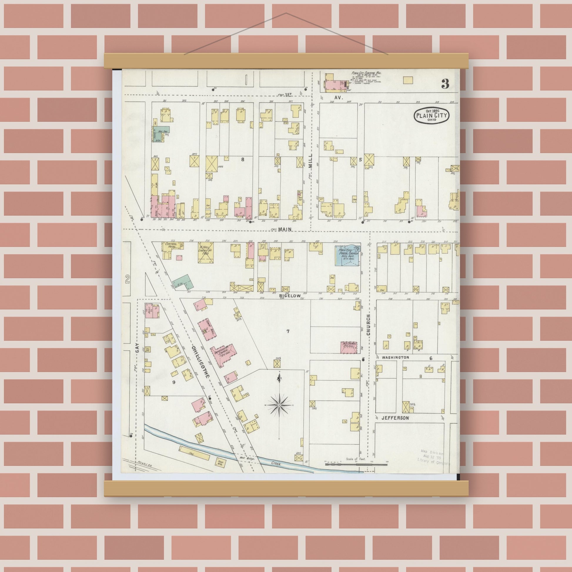 Old map wall art mockup — magnetic wood frame on brick wall — Sanborn Fire Insurance Map from Plain City, Madison And Union Counties, Ohio (1895), Sheet #0003