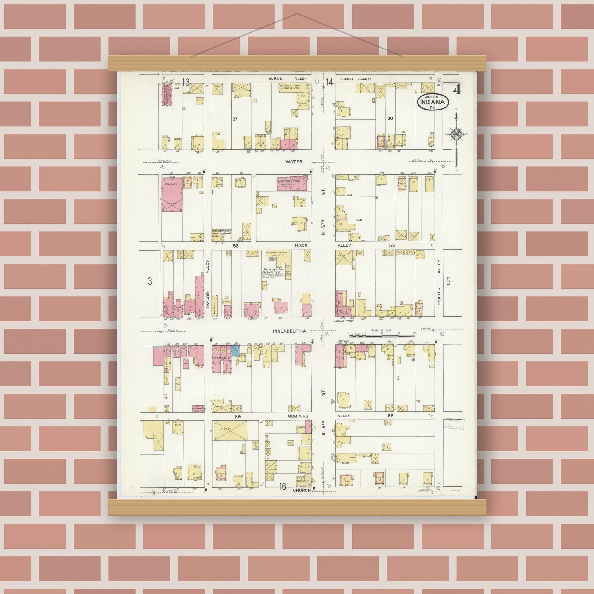 Old map wall art mockup — magnetic wood frame on brick wall — Sanborn Fire Insurance Map from Indiana, Indiana County, Pennsylvania (1916), Sheet #0004