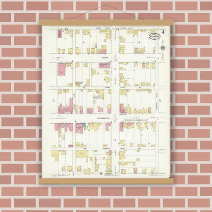 Old map wall art mockup — magnetic wood frame on brick wall — Sanborn Fire Insurance Map from Indiana, Indiana County, Pennsylvania (1916), Sheet #0004