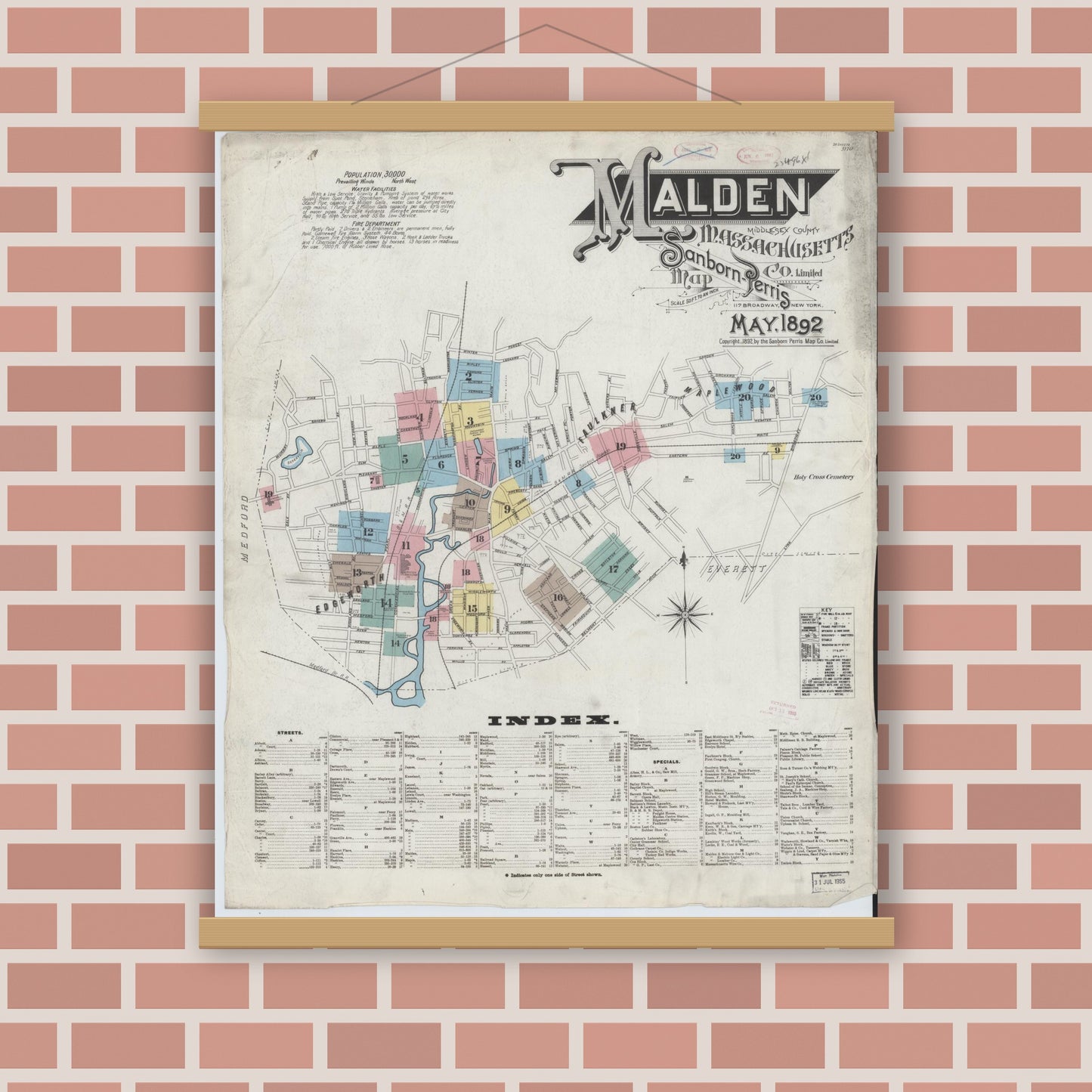 Old map wall art mockup — magnetic wood frame on brick wall — Sanborn Fire Insurance Map from Malden, Middlesex County, Massachusetts (1892) - Complete Map Set