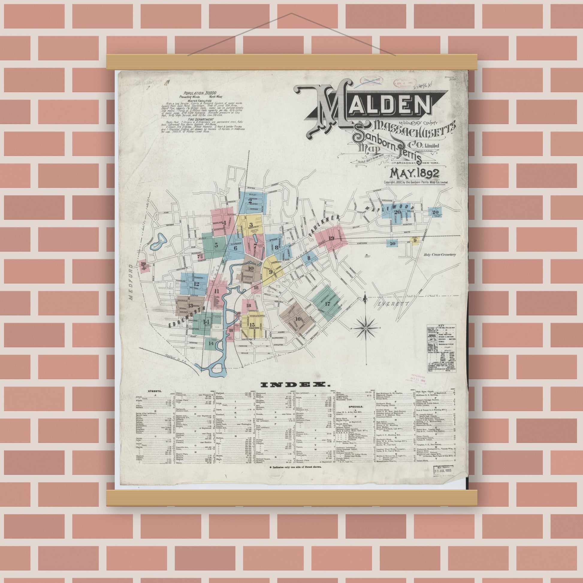 Old map wall art mockup — magnetic wood frame on brick wall — Sanborn Fire Insurance Map from Malden, Middlesex County, Massachusetts (1892) - Complete Map Set