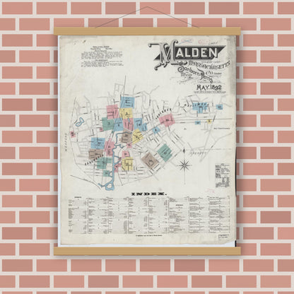 Old map wall art mockup — magnetic wood frame on brick wall — Sanborn Fire Insurance Map from Malden, Middlesex County, Massachusetts (1892) - Complete Map Set