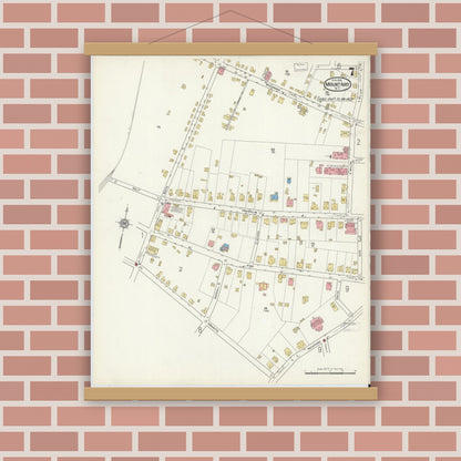 Old map wall art mockup — magnetic wood frame on brick wall — Sanborn Fire Insurance Map from Mount Airy, Surry County, North Carolina (1916), Sheet #0007
