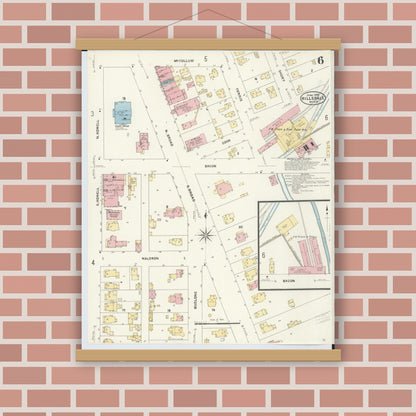 Old map wall art mockup — magnetic wood frame on brick wall — Sanborn Fire Insurance Map from Hillsdale, Hillsdale County, Michigan (1907), Sheet #0006