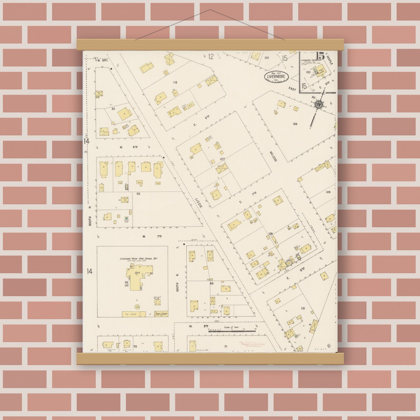 Old map wall art mockup — magnetic wood frame on brick wall — Sanborn Fire Insurance Map from Livermore, Alameda County, California (1917), Sheet #0015