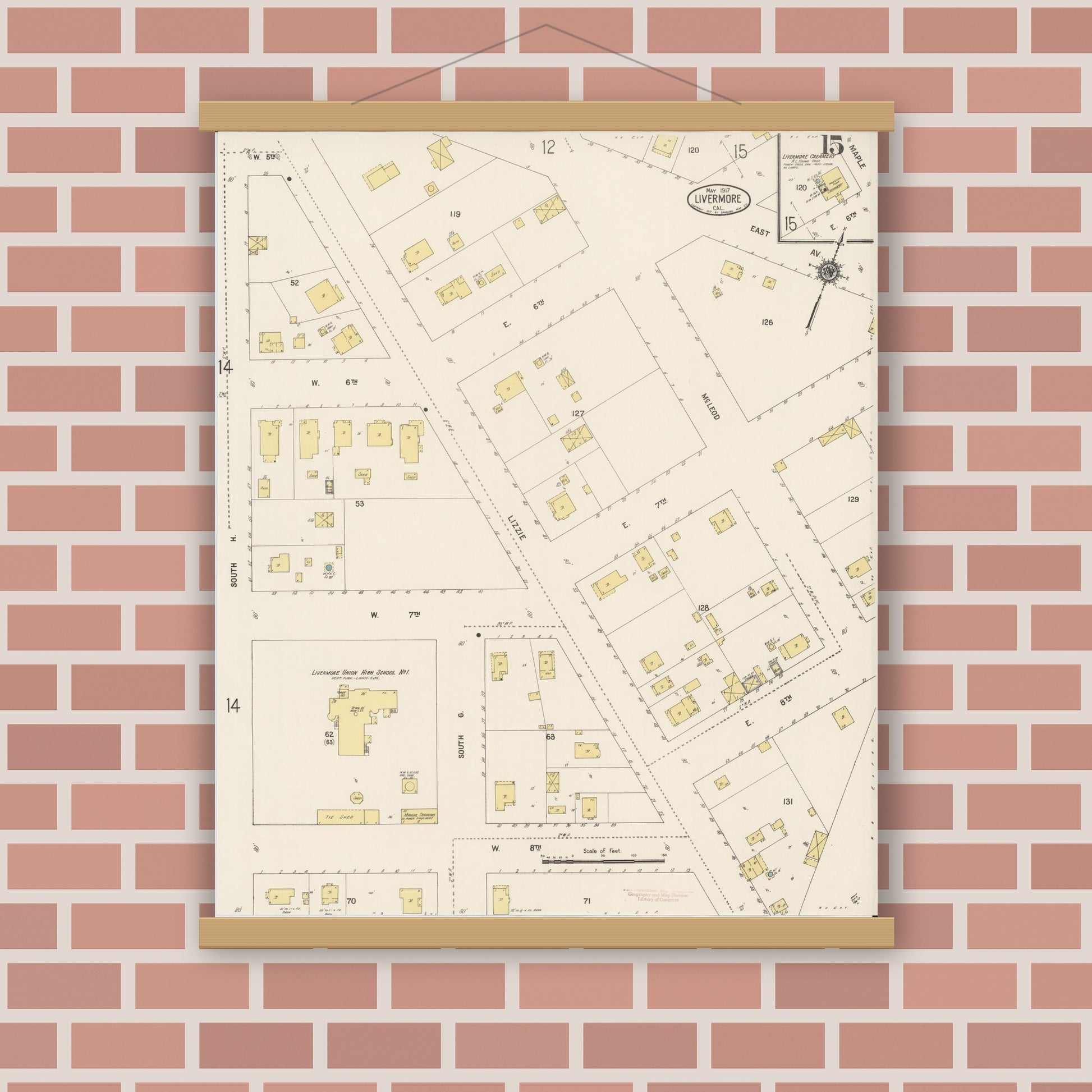 Old map wall art mockup — magnetic wood frame on brick wall — Sanborn Fire Insurance Map from Livermore, Alameda County, California (1917), Sheet #0015