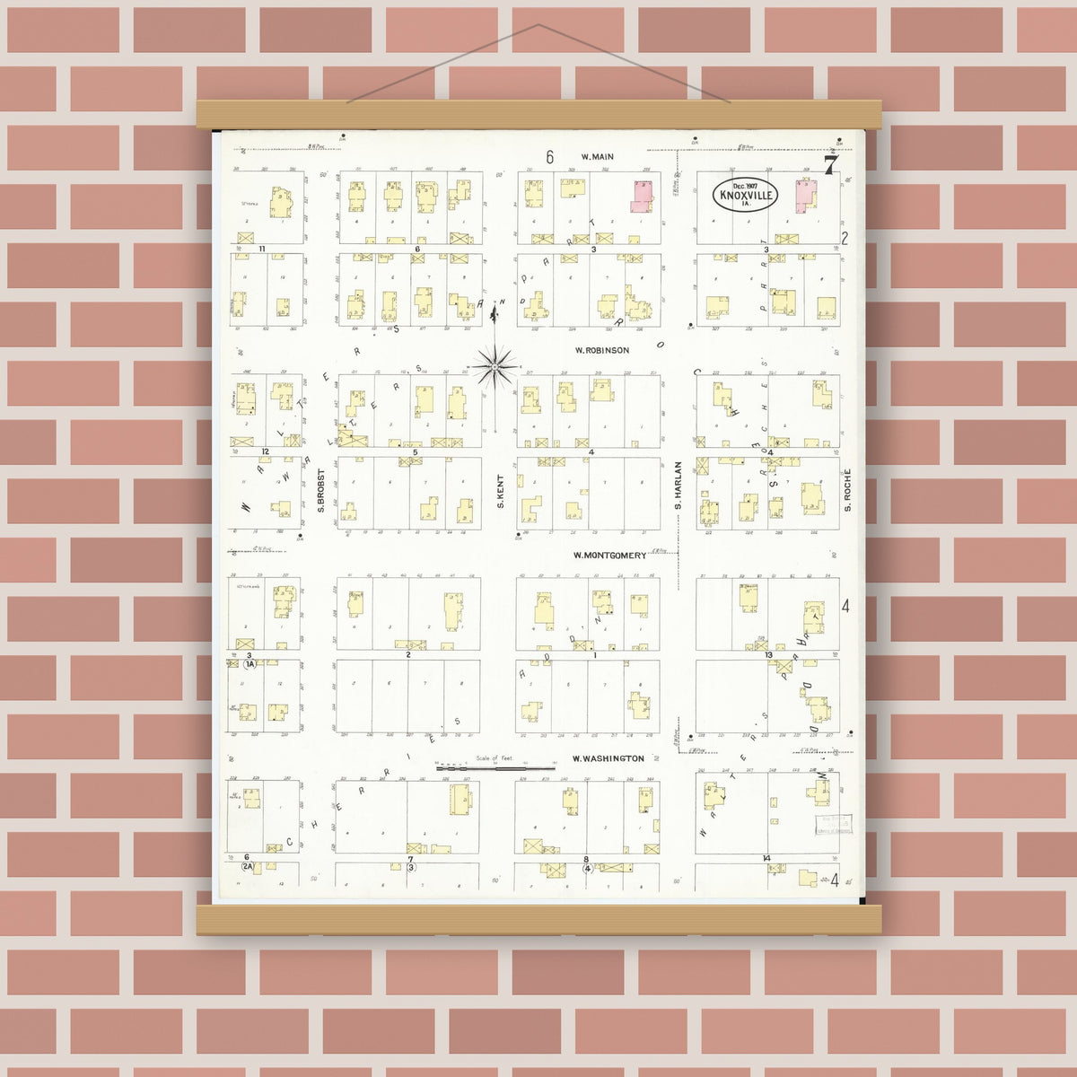 Old map wall art mockup — magnetic wood frame on brick wall — Sanborn Fire Insurance Map from Knoxville, Marion County, Iowa (1907), Sheet #0007