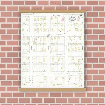 Old map wall art mockup — magnetic wood frame on brick wall — Sanborn Fire Insurance Map from Knoxville, Marion County, Iowa (1907), Sheet #0007