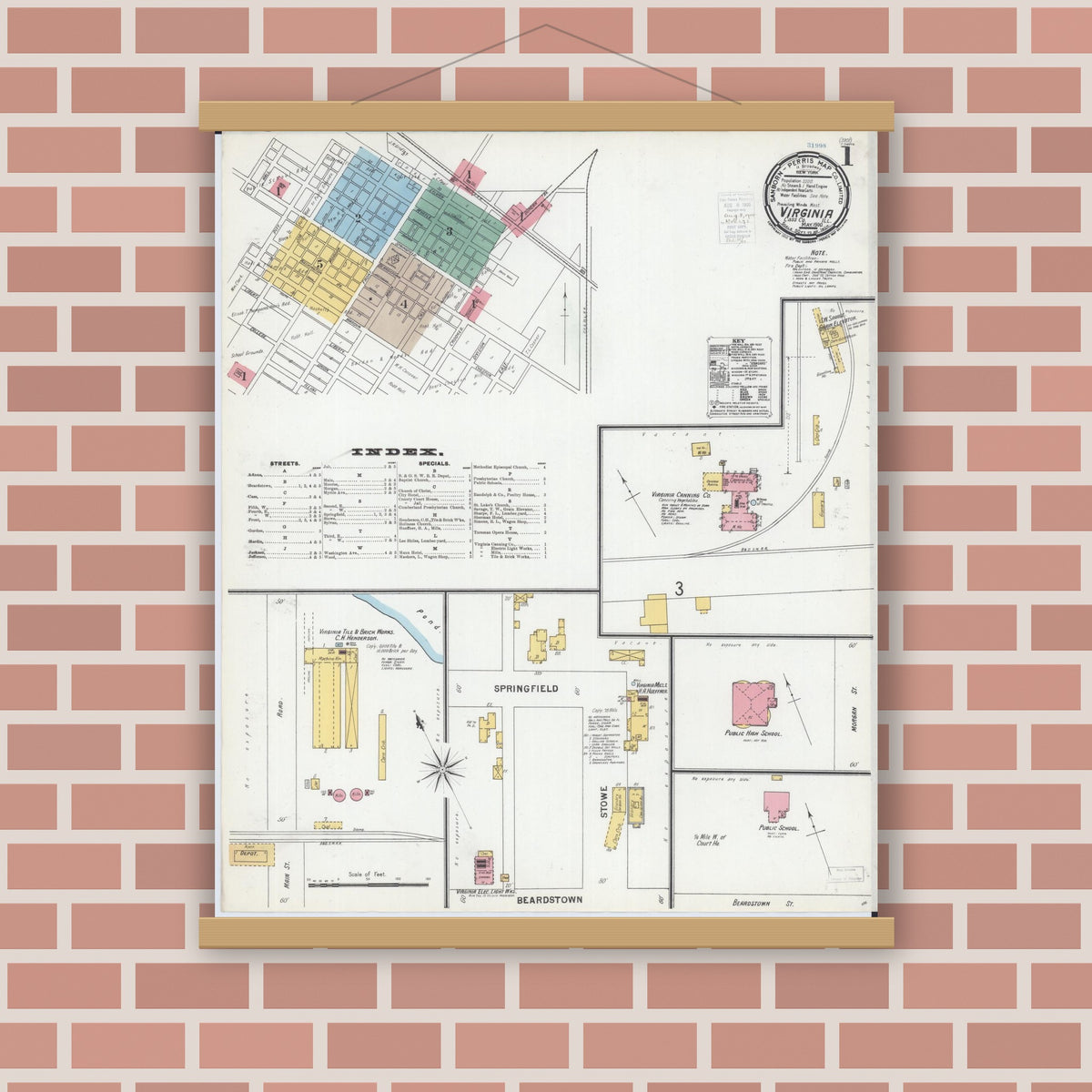 Old map wall art mockup — magnetic wood frame on brick wall — Sanborn Fire Insurance Map from Virginia, Cass County, Illinois (1900), Sheet #0001