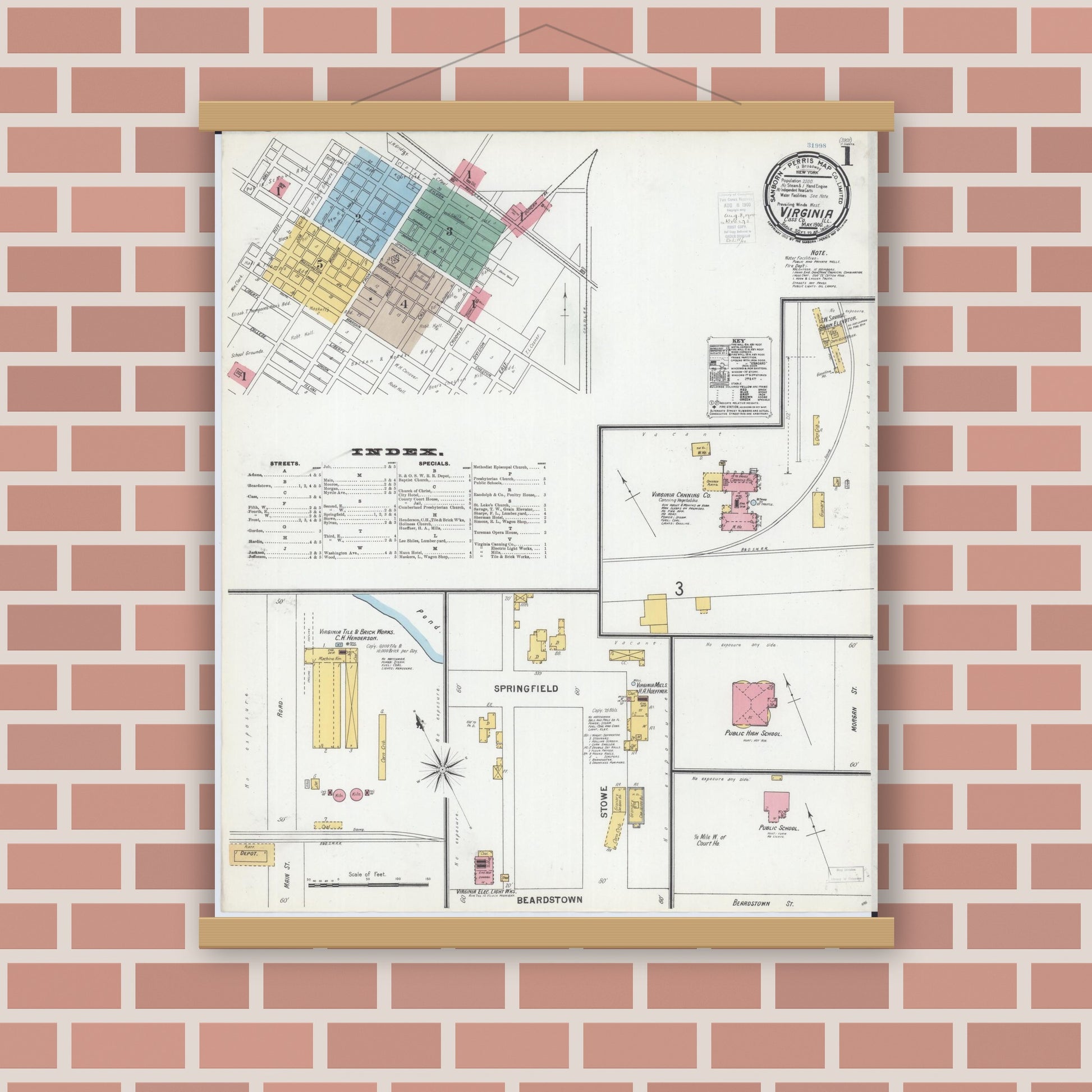 Old map wall art mockup — magnetic wood frame on brick wall — Sanborn Fire Insurance Map from Virginia, Cass County, Illinois (1900), Sheet #0001
