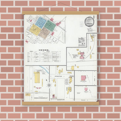 Old map wall art mockup — magnetic wood frame on brick wall — Sanborn Fire Insurance Map from Virginia, Cass County, Illinois (1900), Sheet #0001