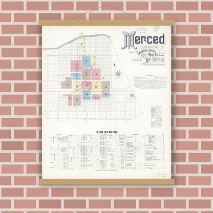 Old map wall art mockup — magnetic wood frame on brick wall — Sanborn Fire Insurance Map from Merced, Merced County, California (1898), Sheet #0001