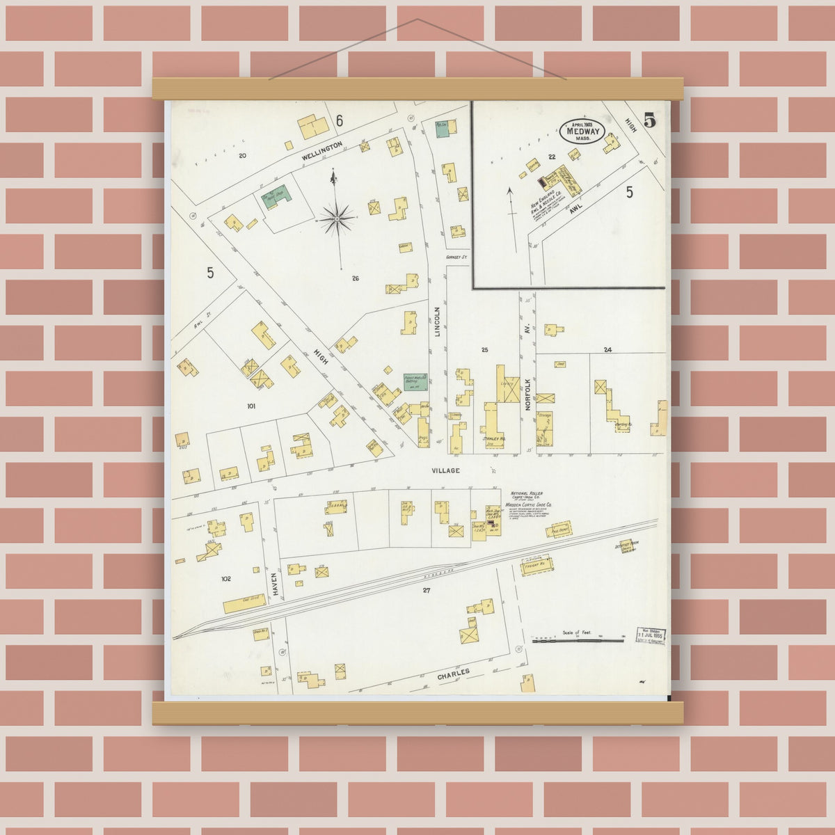 Old map wall art mockup — magnetic wood frame on brick wall — Sanborn Fire Insurance Map from Medway, Norfolk County, Massachusetts (1903), Sheet #0005