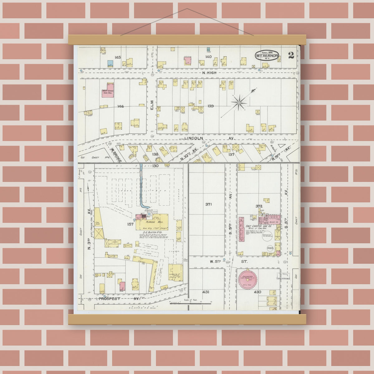Old map wall art mockup — magnetic wood frame on brick wall — Sanborn Fire Insurance Map from Mount Vernon, Westchester County, New York (1892) - Complete Map Set
