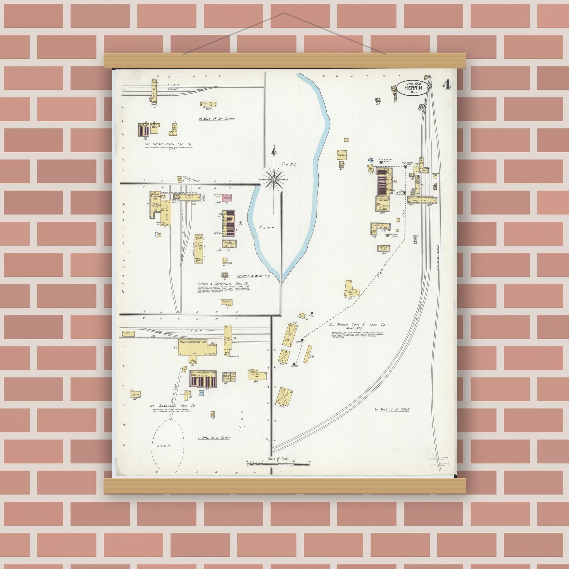 Old map wall art mockup — magnetic wood frame on brick wall — Sanborn Fire Insurance Map from Herrin, Williamson County, Illinois (1905), Sheet #0004
