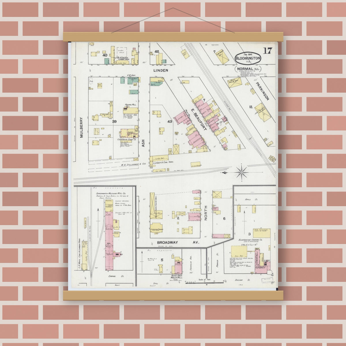 Old map wall art mockup — magnetic wood frame on brick wall — Sanborn Fire Insurance Map from Bloomington, McLean County, Illinois (1892), Sheet #0017
