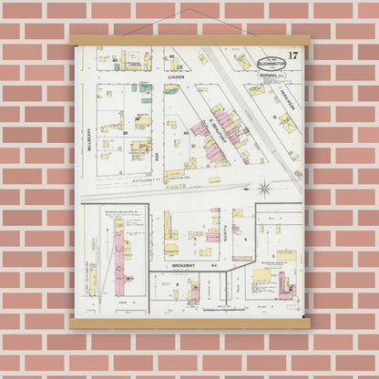 Old map wall art mockup — magnetic wood frame on brick wall — Sanborn Fire Insurance Map from Bloomington, McLean County, Illinois (1892), Sheet #0017