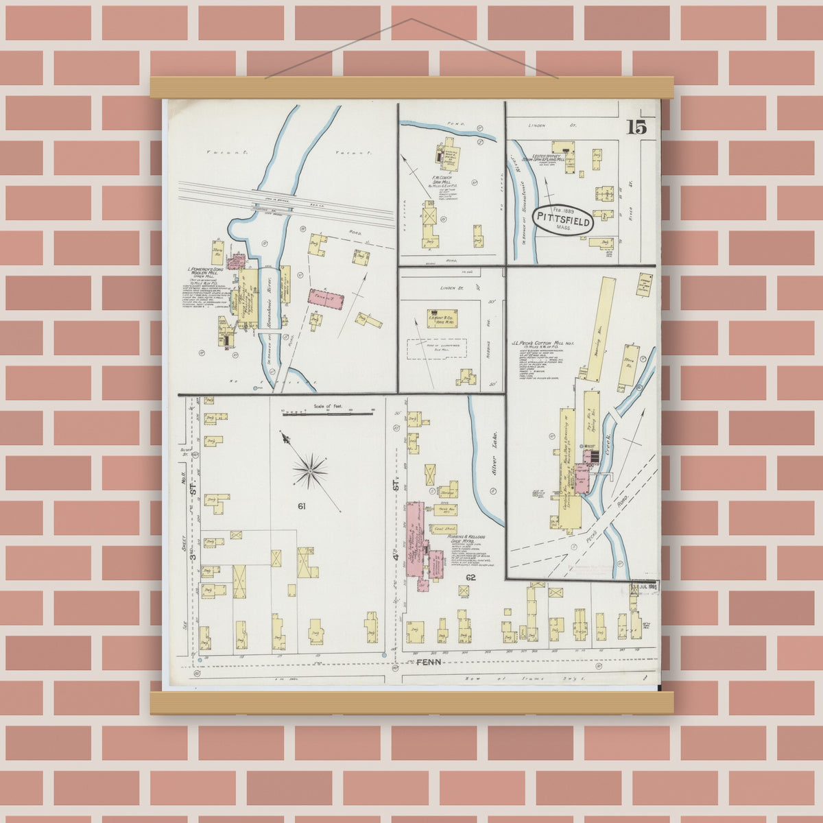 Old map wall art mockup — magnetic wood frame on brick wall — Sanborn Fire Insurance Map from Pittsfield, Berkshire County, Massachusetts (1889), Sheet #0015