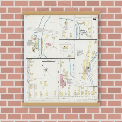 Old map wall art mockup — magnetic wood frame on brick wall — Sanborn Fire Insurance Map from Pittsfield, Berkshire County, Massachusetts (1889), Sheet #0015