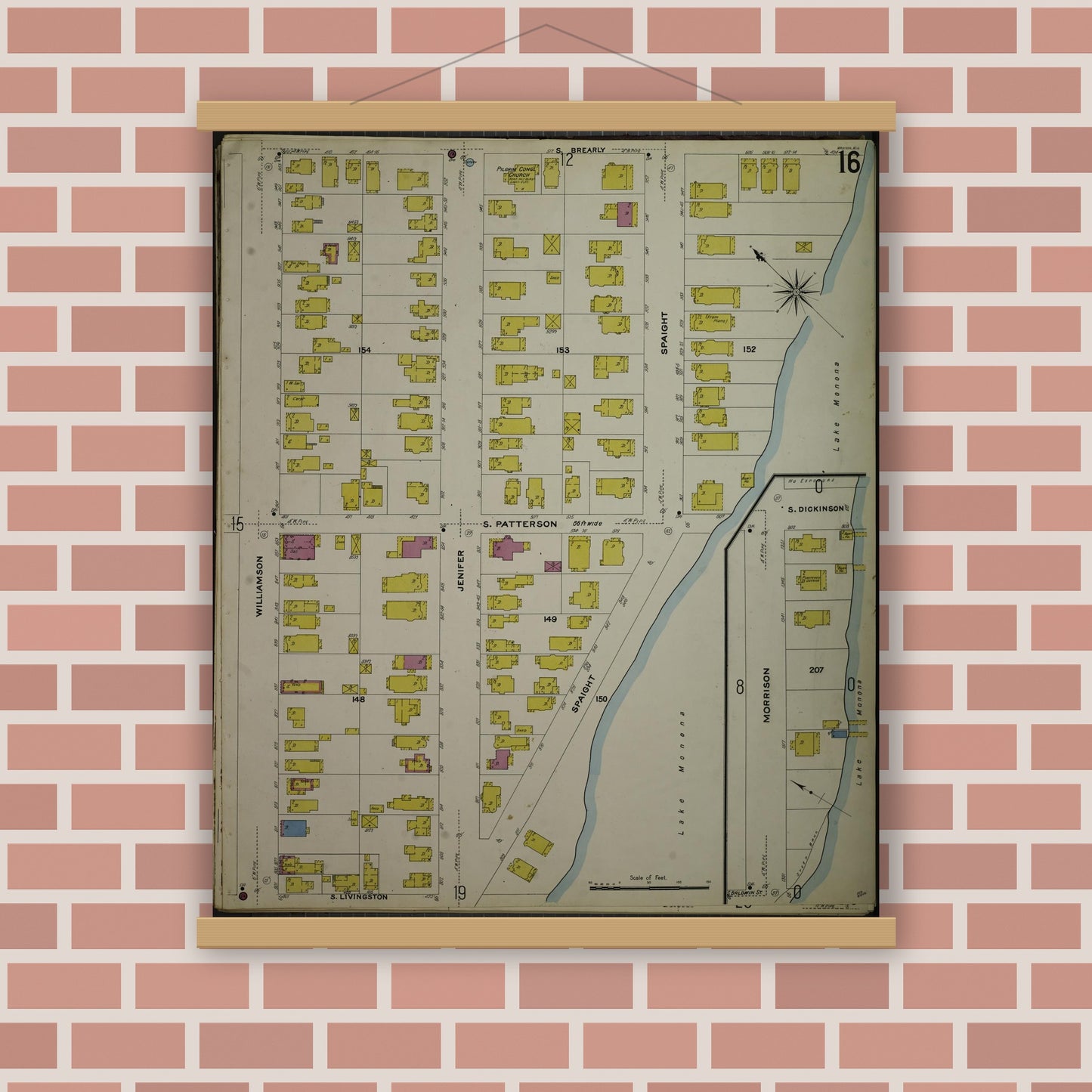 Old map wall art mockup — magnetic wood frame on brick wall — Sanborn Fire Insurance Map from Madison, Dane County, Wisconsin (1908), Sheet #0016