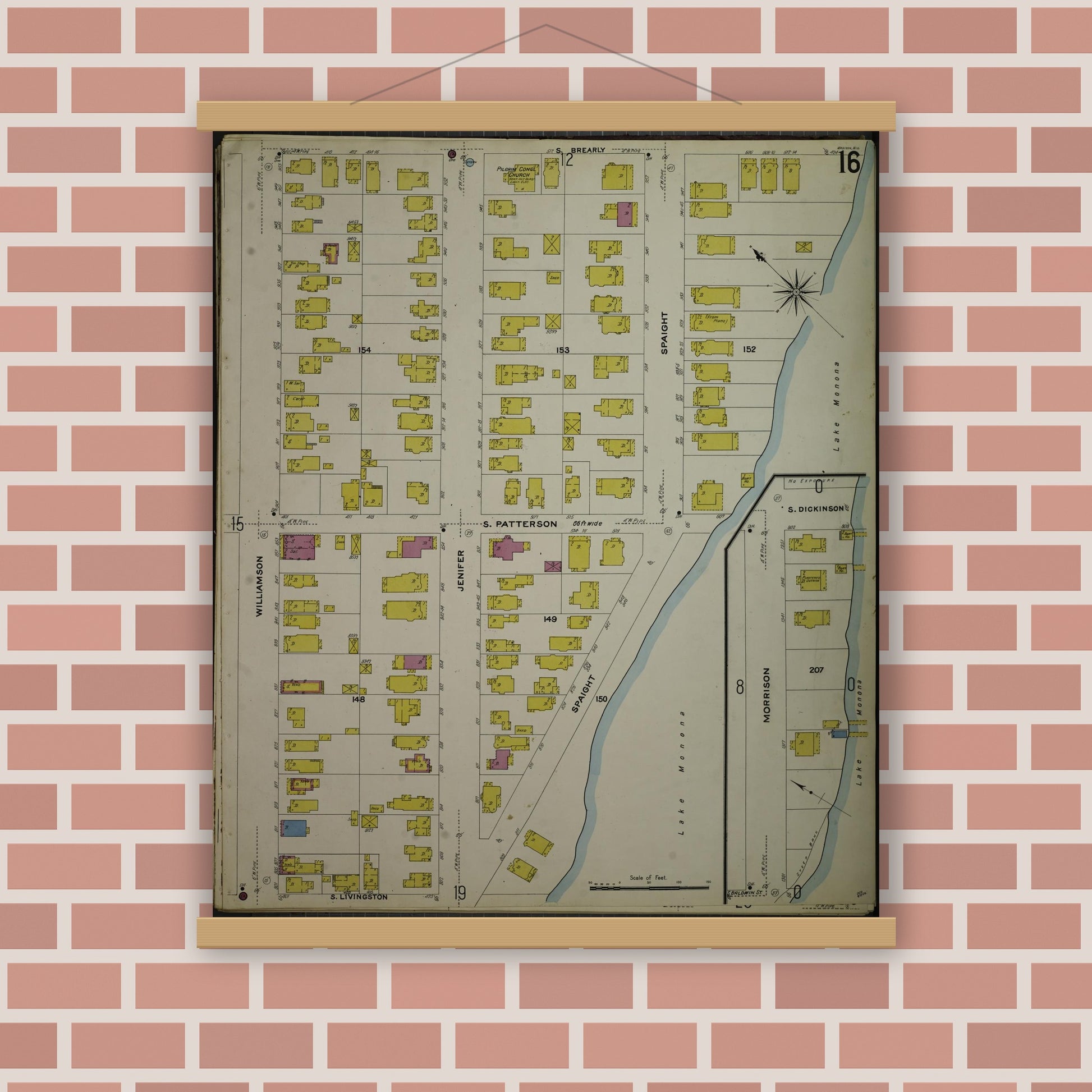 Old map wall art mockup — magnetic wood frame on brick wall — Sanborn Fire Insurance Map from Madison, Dane County, Wisconsin (1908), Sheet #0016