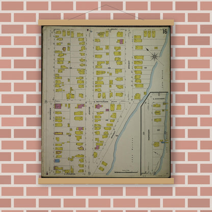 Old map wall art mockup — magnetic wood frame on brick wall — Sanborn Fire Insurance Map from Madison, Dane County, Wisconsin (1908), Sheet #0016