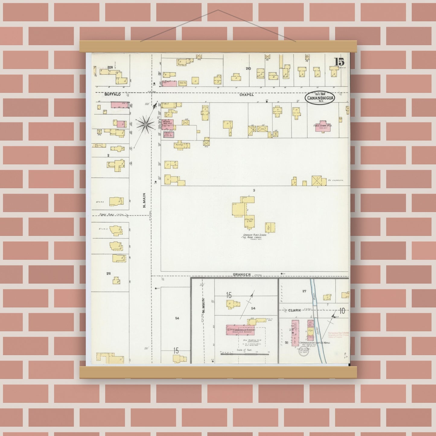 Old map wall art mockup — magnetic wood frame on brick wall — Sanborn Fire Insurance Map from Canandaigua, Ontario County, New York (1904), Sheet #0015