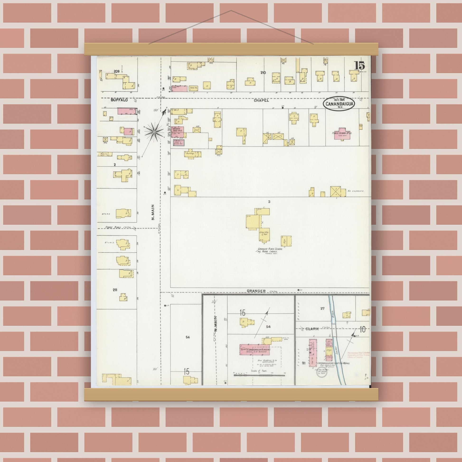 Old map wall art mockup — magnetic wood frame on brick wall — Sanborn Fire Insurance Map from Canandaigua, Ontario County, New York (1904), Sheet #0015