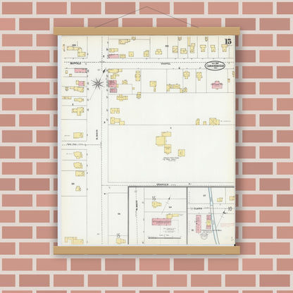 Old map wall art mockup — magnetic wood frame on brick wall — Sanborn Fire Insurance Map from Canandaigua, Ontario County, New York (1904), Sheet #0015