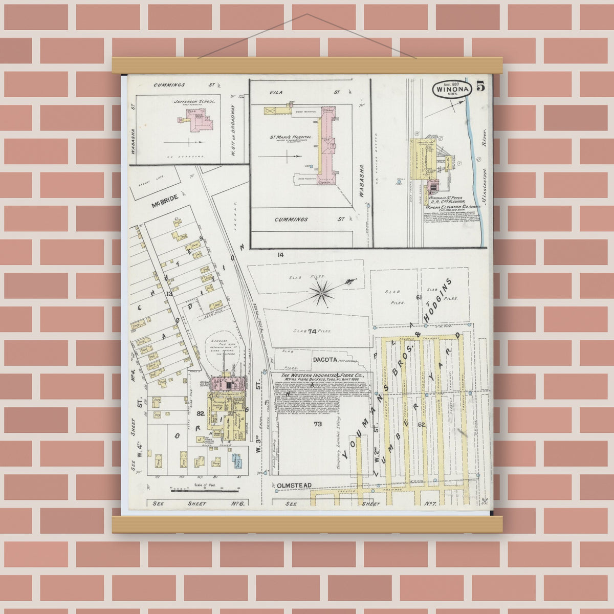 Old map wall art mockup — magnetic wood frame on brick wall — Sanborn Fire Insurance Map from Winona, Winona County, Minnesota (1889), Sheet #0005
