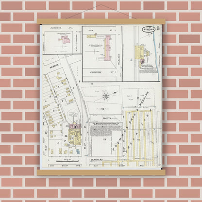 Old map wall art mockup — magnetic wood frame on brick wall — Sanborn Fire Insurance Map from Winona, Winona County, Minnesota (1889), Sheet #0005