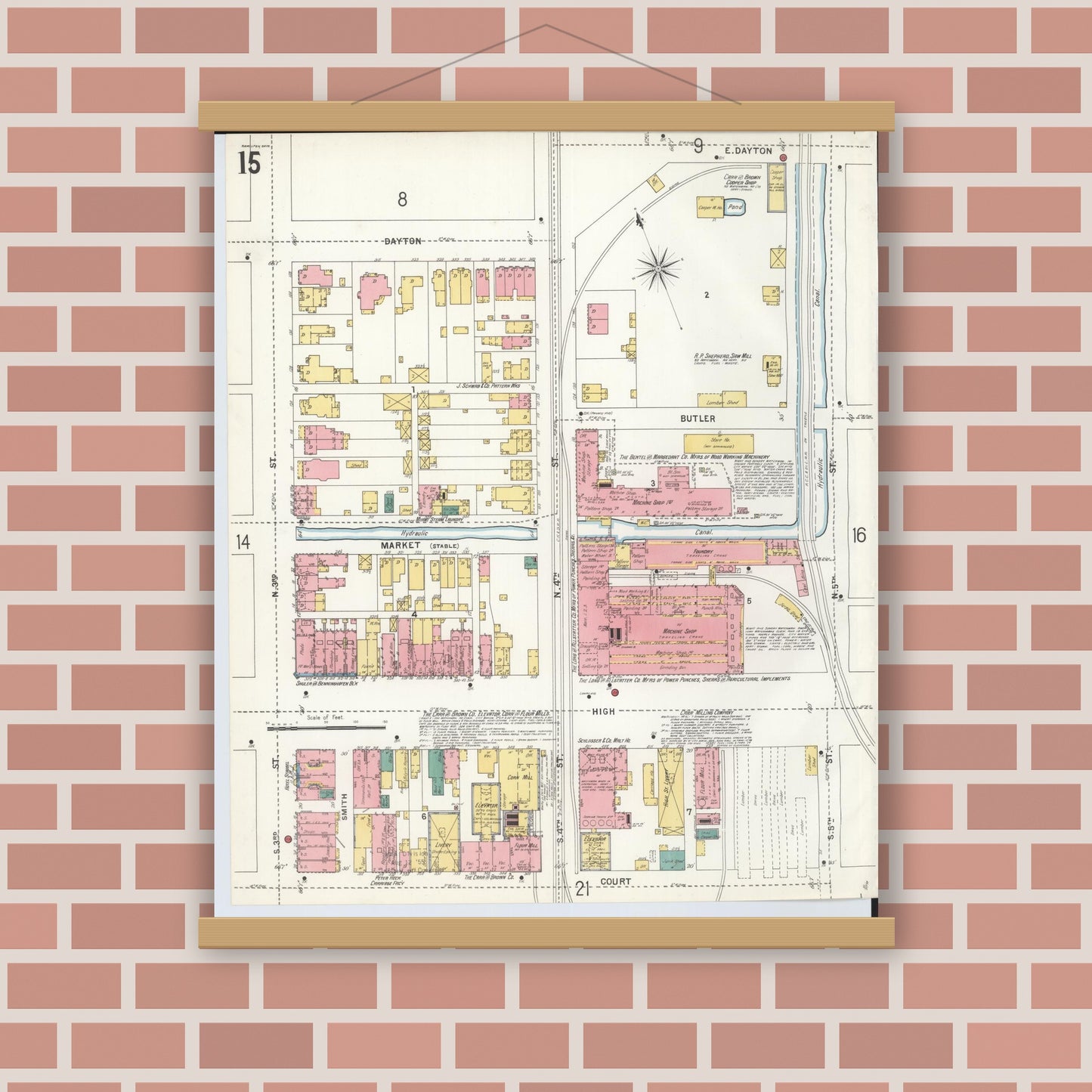 Old map wall art mockup — magnetic wood frame on brick wall — Sanborn Fire Insurance Map from Hamilton, Butler County, Ohio (1899), Sheet #0015