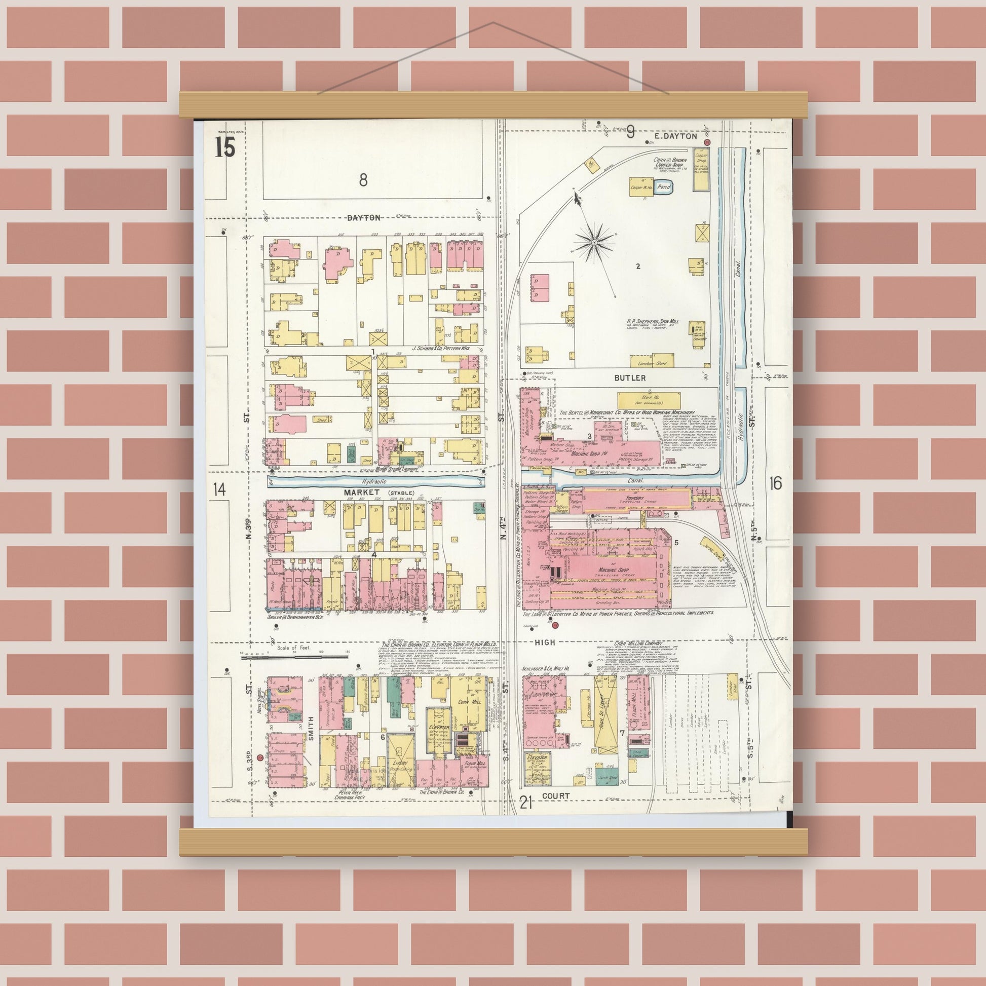 Old map wall art mockup — magnetic wood frame on brick wall — Sanborn Fire Insurance Map from Hamilton, Butler County, Ohio (1899), Sheet #0015