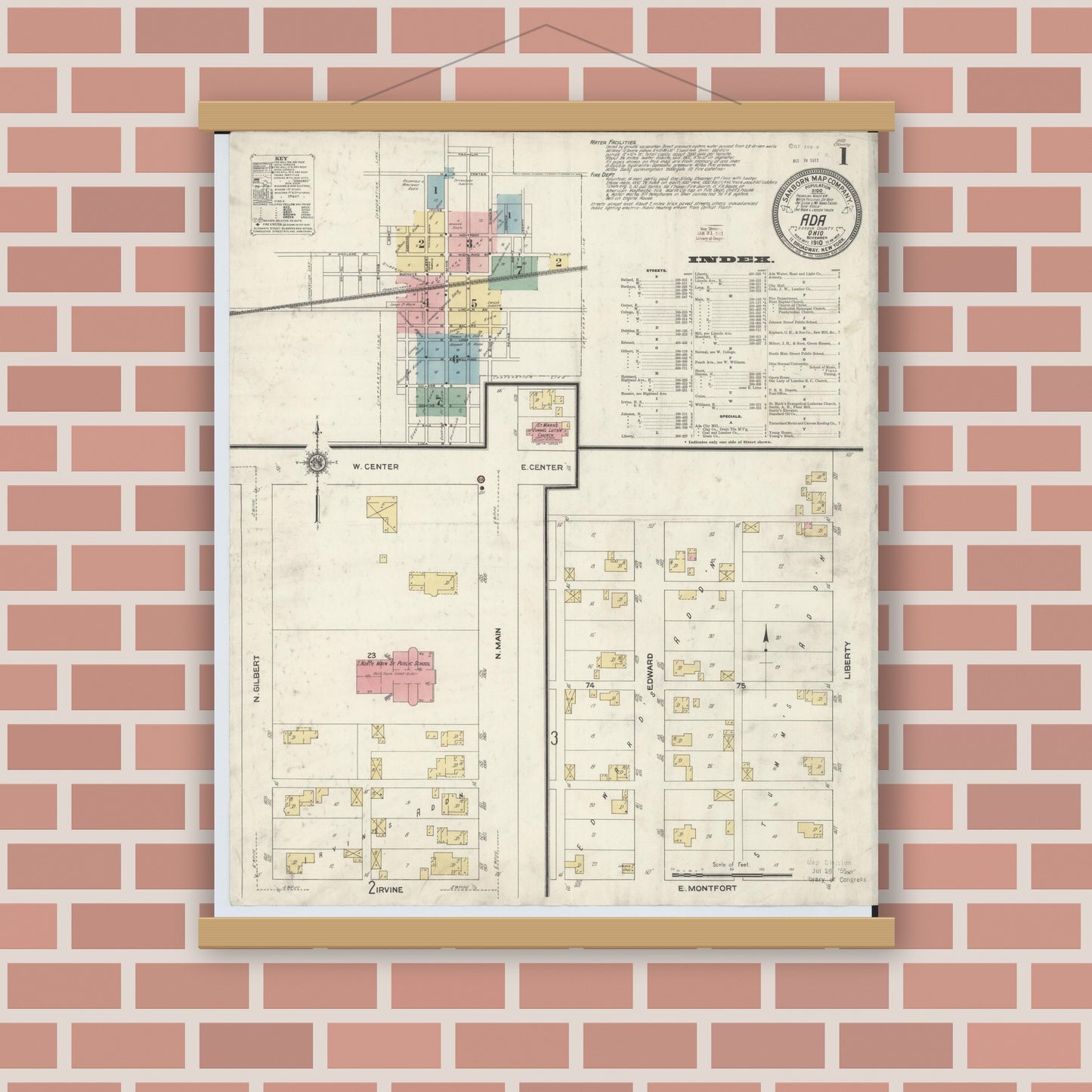Old map wall art mockup — magnetic wood frame on brick wall — Sanborn Fire Insurance Map from Ada, Hardin County, Ohio (1910) - Complete Map Set
