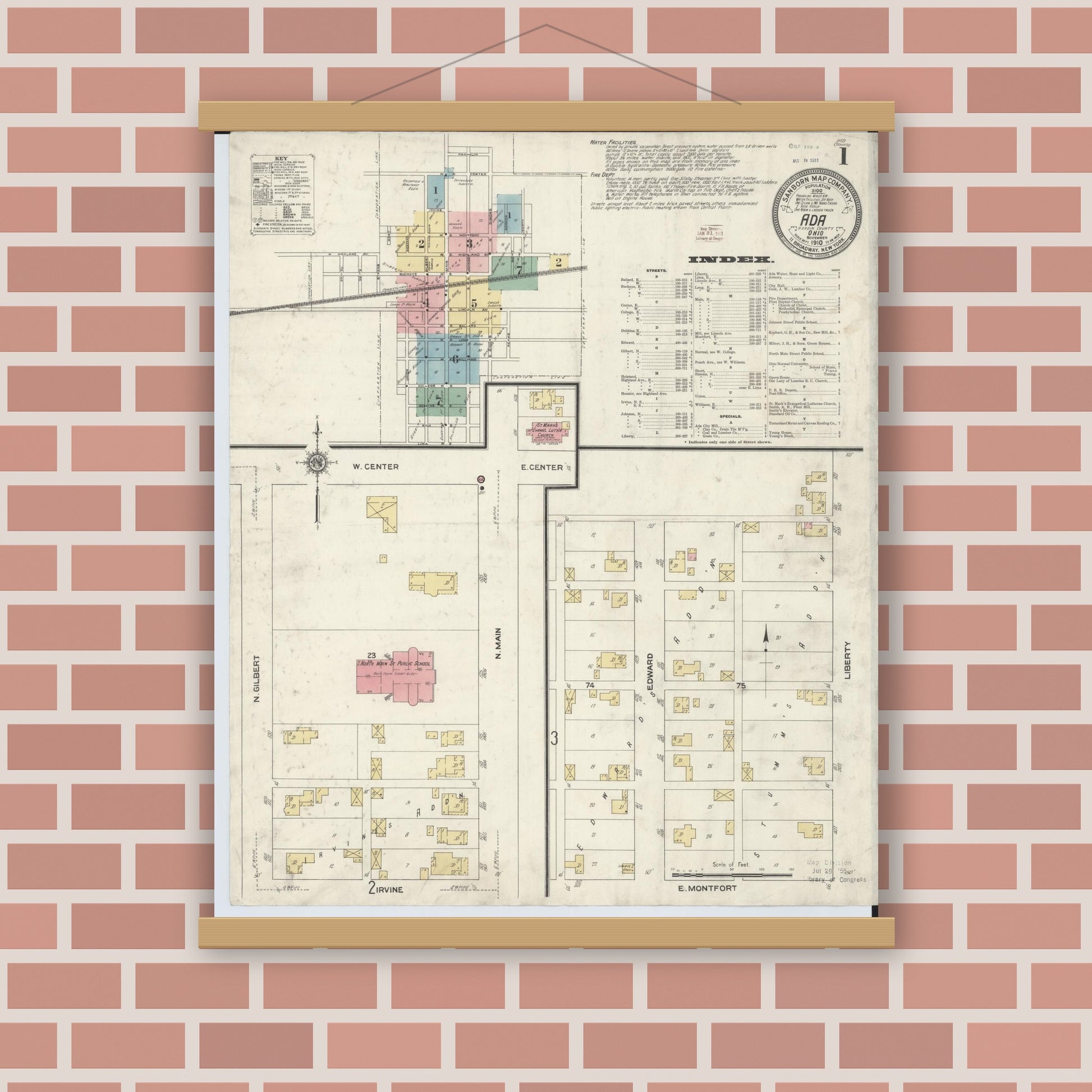 Old map wall art mockup — magnetic wood frame on brick wall — Sanborn Fire Insurance Map from Ada, Hardin County, Ohio (1910) - Complete Map Set