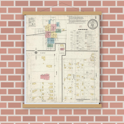 Old map wall art mockup — magnetic wood frame on brick wall — Sanborn Fire Insurance Map from Ada, Hardin County, Ohio (1910) - Complete Map Set