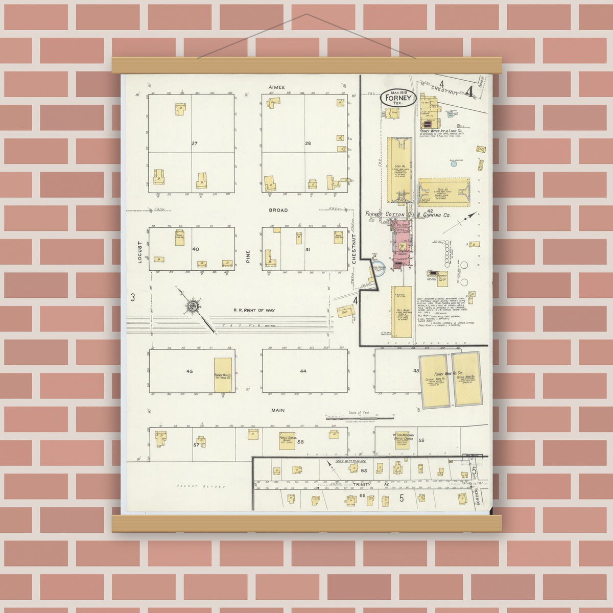 Old map wall art mockup — magnetic wood frame on brick wall — Sanborn Fire Insurance Map from Forney, Kaufman County, Texas (1919), Sheet #0004