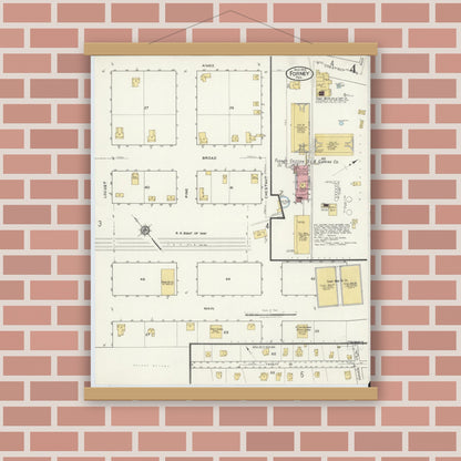 Old map wall art mockup — magnetic wood frame on brick wall — Sanborn Fire Insurance Map from Forney, Kaufman County, Texas (1919), Sheet #0004