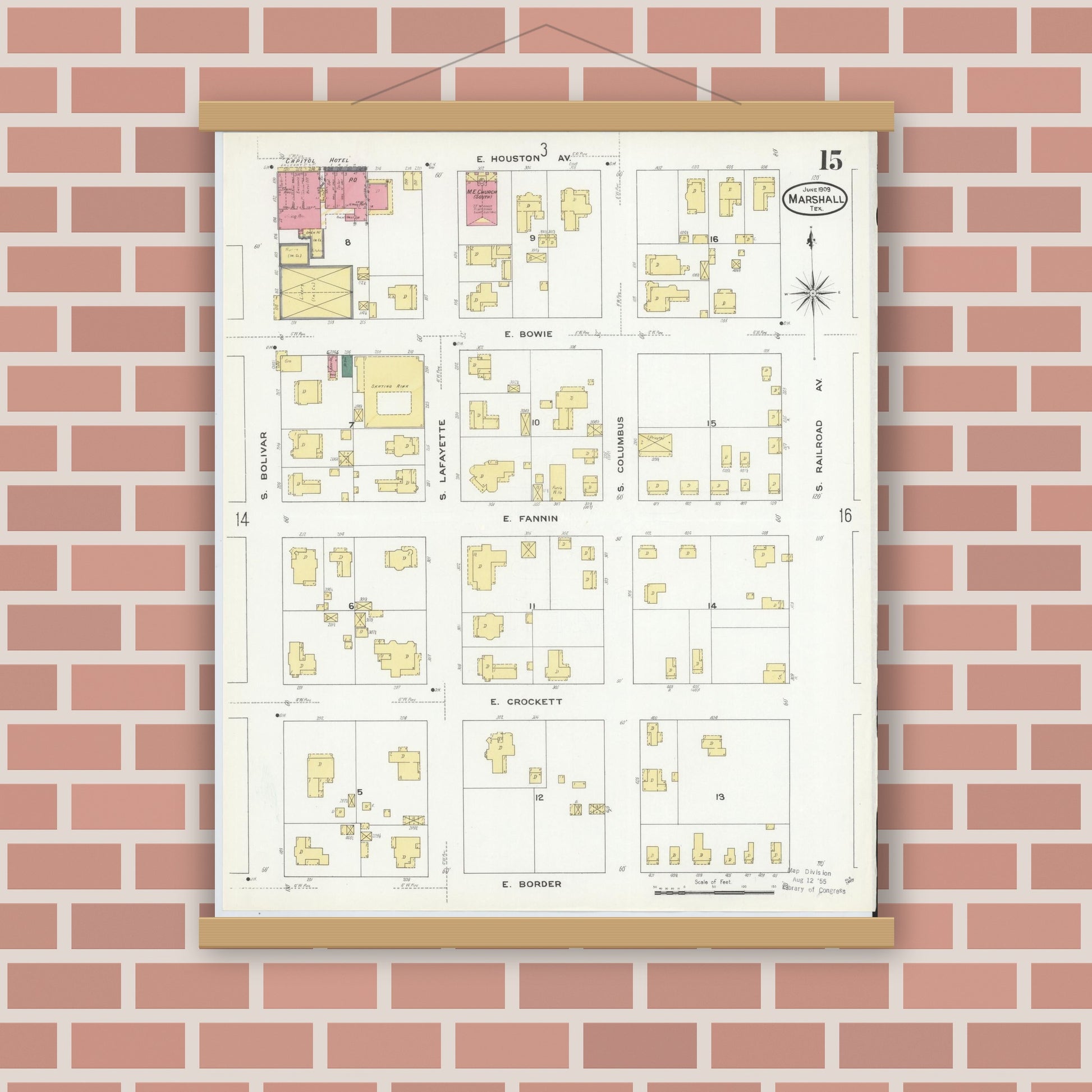 Old map wall art mockup — magnetic wood frame on brick wall — Sanborn Fire Insurance Map from Marshall, Harrison County, Texas (1909), Sheet #0015