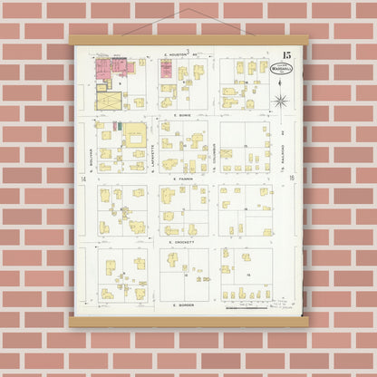 Old map wall art mockup — magnetic wood frame on brick wall — Sanborn Fire Insurance Map from Marshall, Harrison County, Texas (1909), Sheet #0015