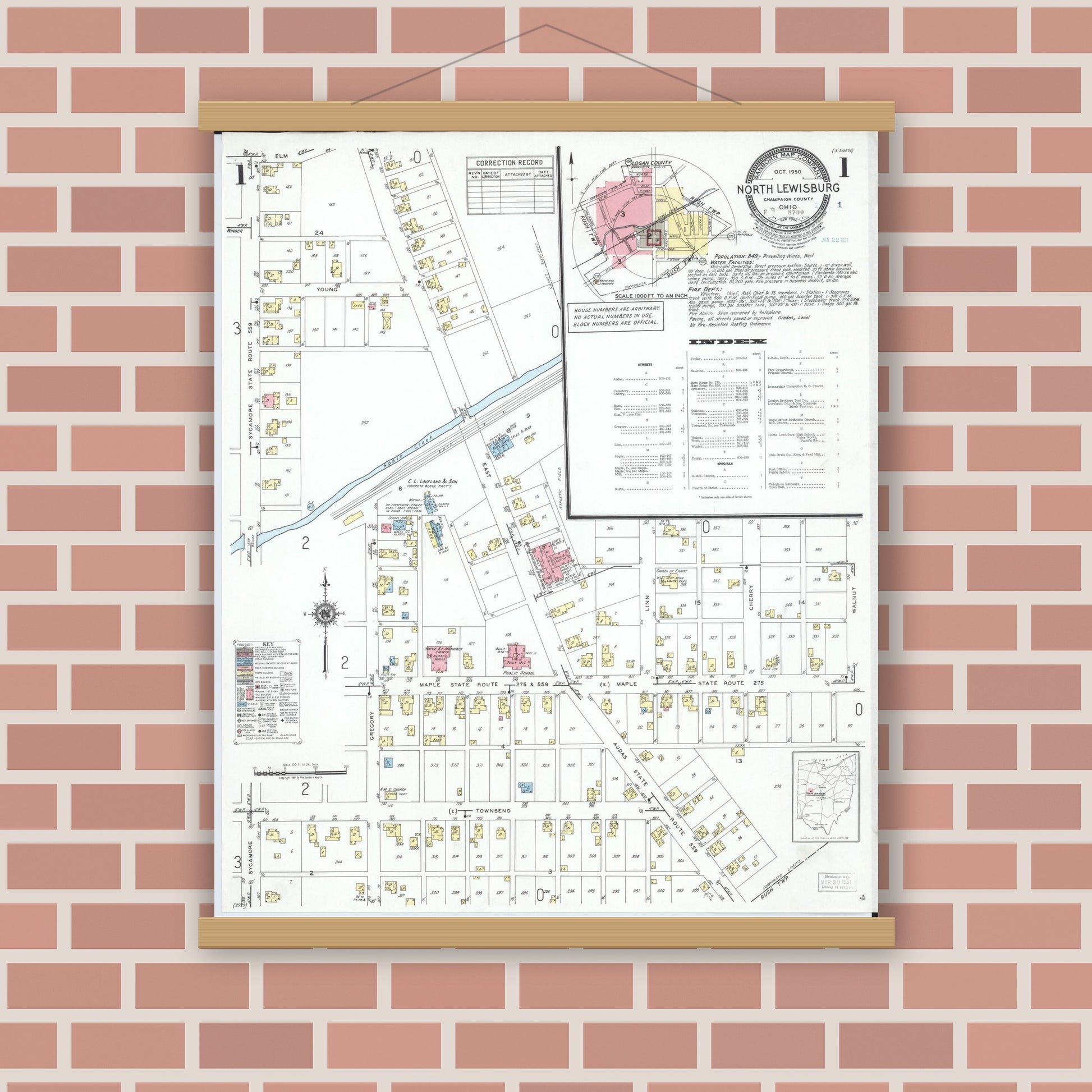 Old map wall art mockup — magnetic wood frame on brick wall — Sanborn Fire Insurance Map from North Lewisburg, Champaign County, Ohio (1950), Sheet #0001