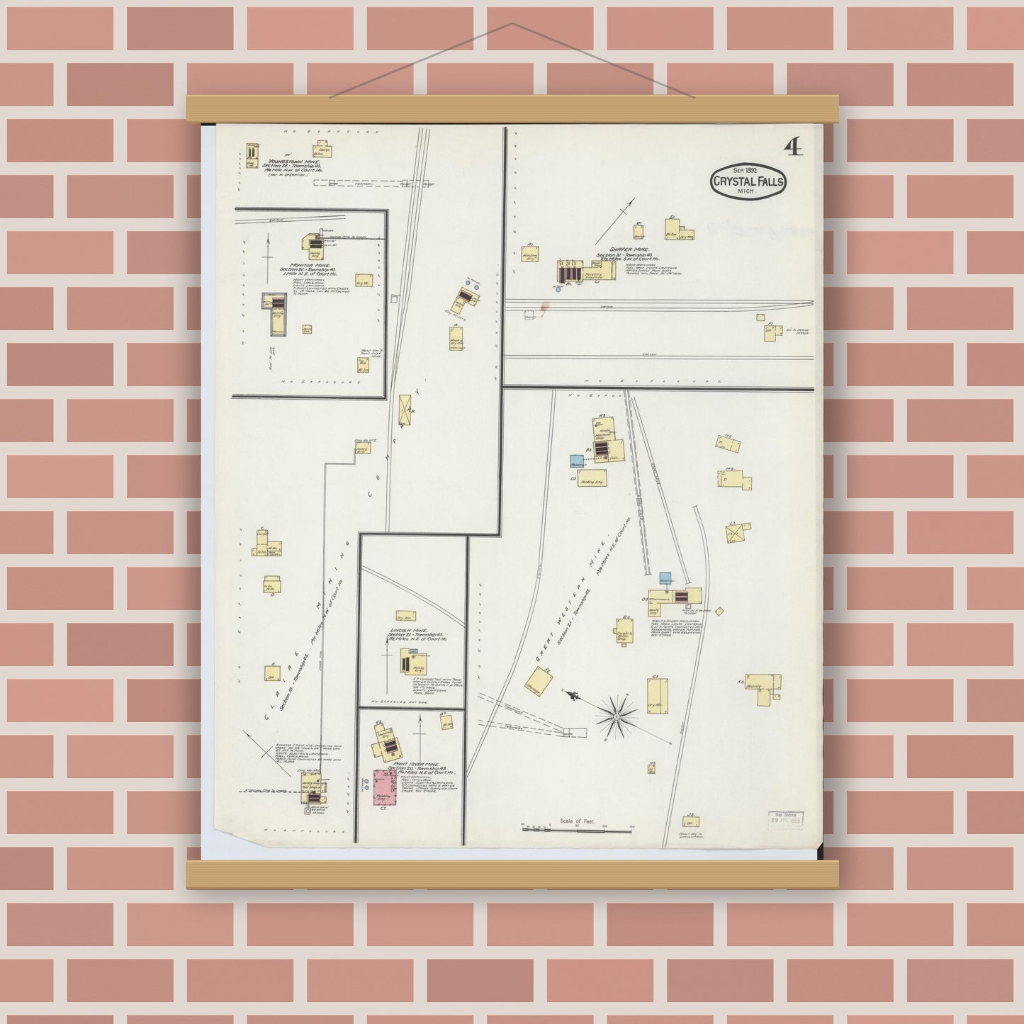 Old map wall art mockup — magnetic wood frame on brick wall — Sanborn Fire Insurance Map from Crystal Falls, Iron County, Michigan (1892), Sheet #0004