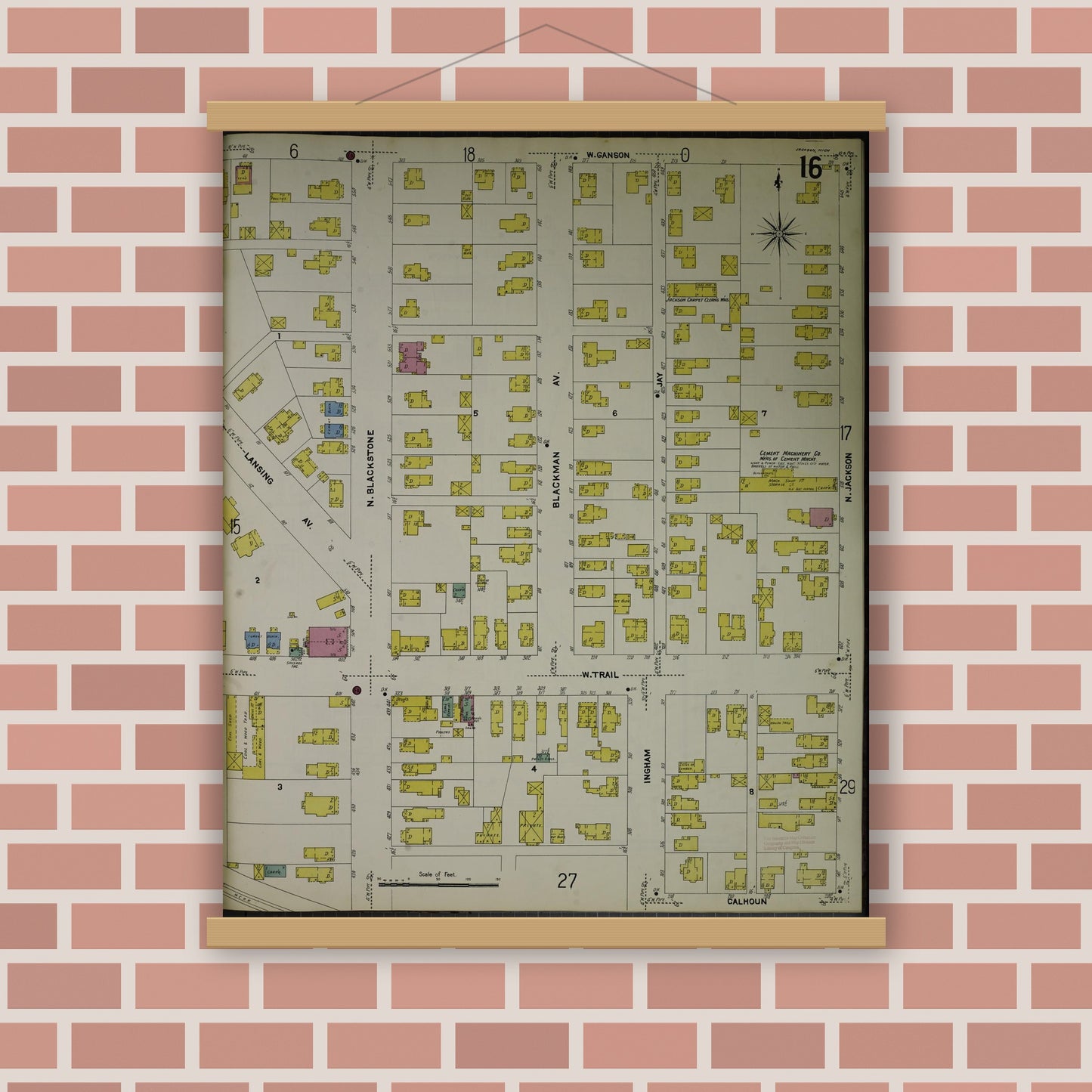 Old map wall art mockup — magnetic wood frame on brick wall — Sanborn Fire Insurance Map from Jackson, Jackson County, Michigan (1907), Sheet #0016