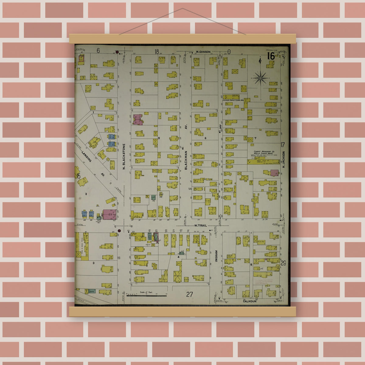 Old map wall art mockup — magnetic wood frame on brick wall — Sanborn Fire Insurance Map from Jackson, Jackson County, Michigan (1907), Sheet #0016