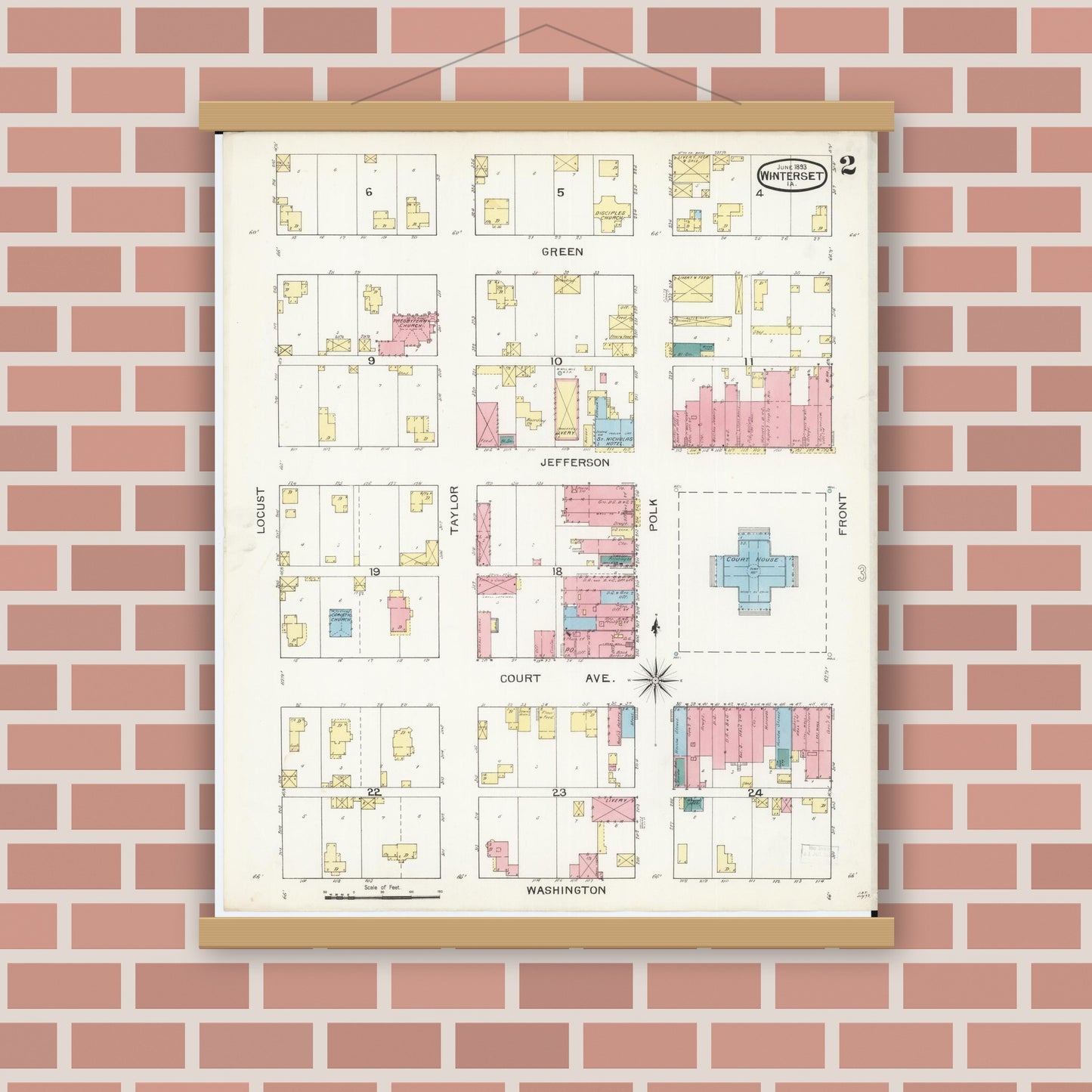 Old map wall art mockup — magnetic wood frame on brick wall — Sanborn Fire Insurance Map from Winterset, Madison County, Iowa (1893), Sheet #0002