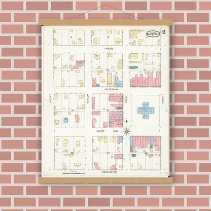 Old map wall art mockup — magnetic wood frame on brick wall — Sanborn Fire Insurance Map from Winterset, Madison County, Iowa (1893), Sheet #0002