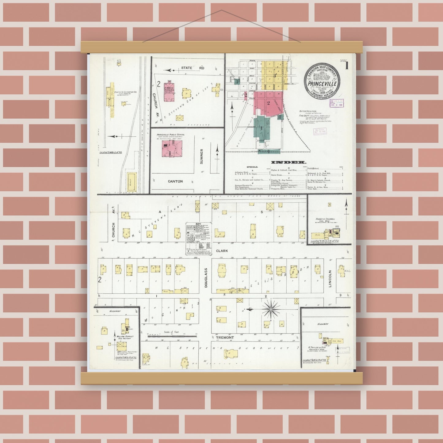 Old map wall art mockup — magnetic wood frame on brick wall — Sanborn Fire Insurance Map from Princeville, Peoria County, Illinois (1909) - Complete Map Set