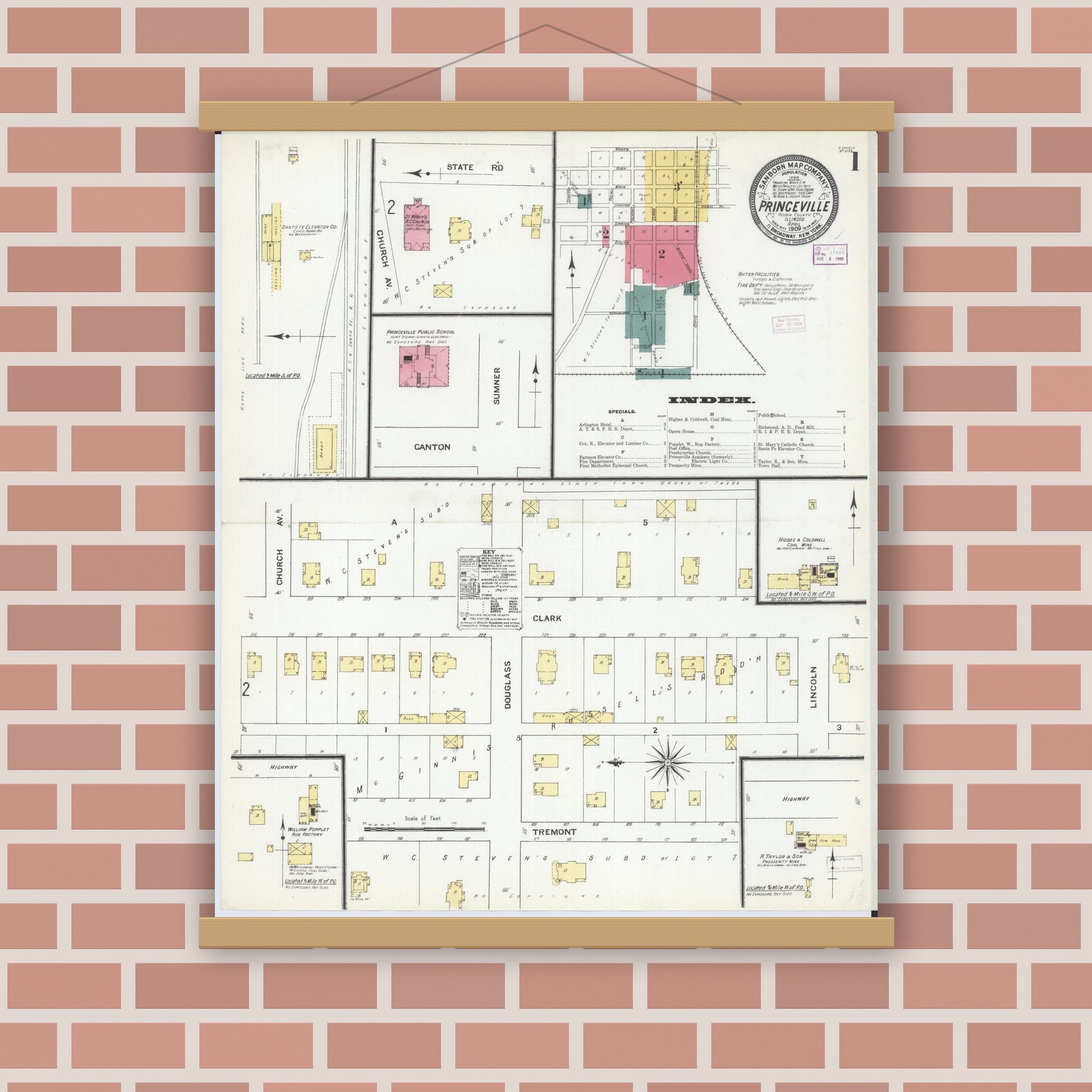 Old map wall art mockup — magnetic wood frame on brick wall — Sanborn Fire Insurance Map from Princeville, Peoria County, Illinois (1909) - Complete Map Set